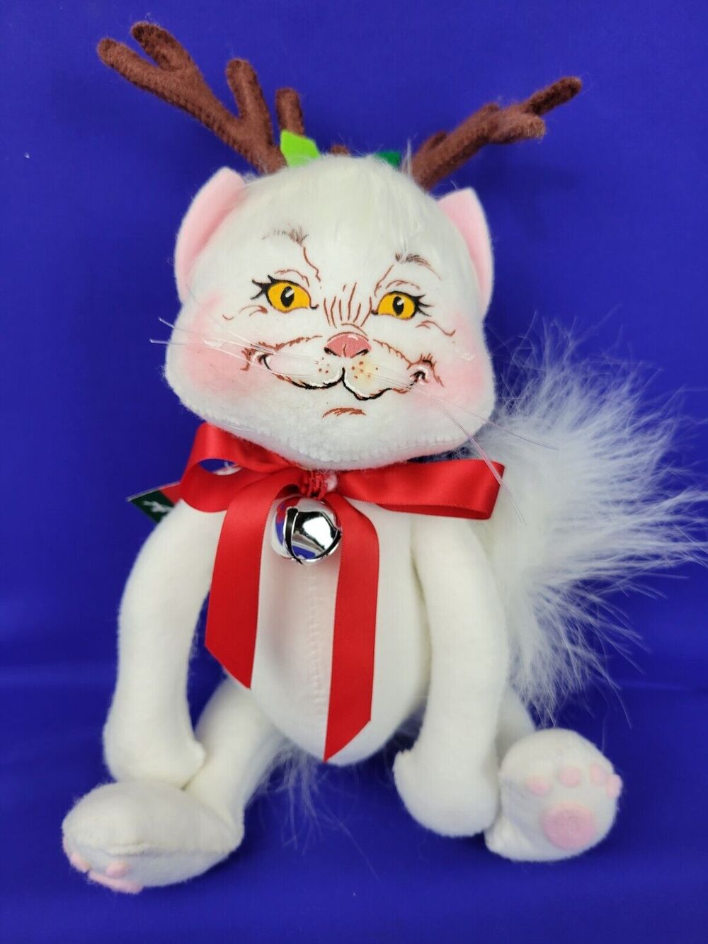 Annalee 2008 "A Deer Kitty" White Christmas Cat Reindeer Antlers Bell w/orig tag